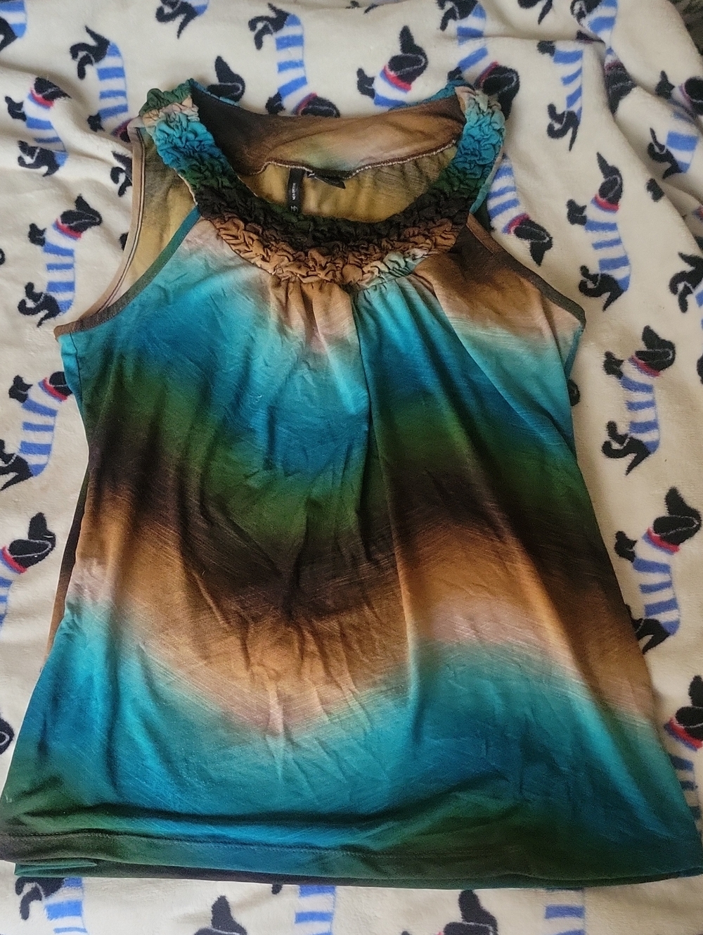 Sleeveless Ombre Ruffle Neck Tank Top - Turquoise/Brown Size M